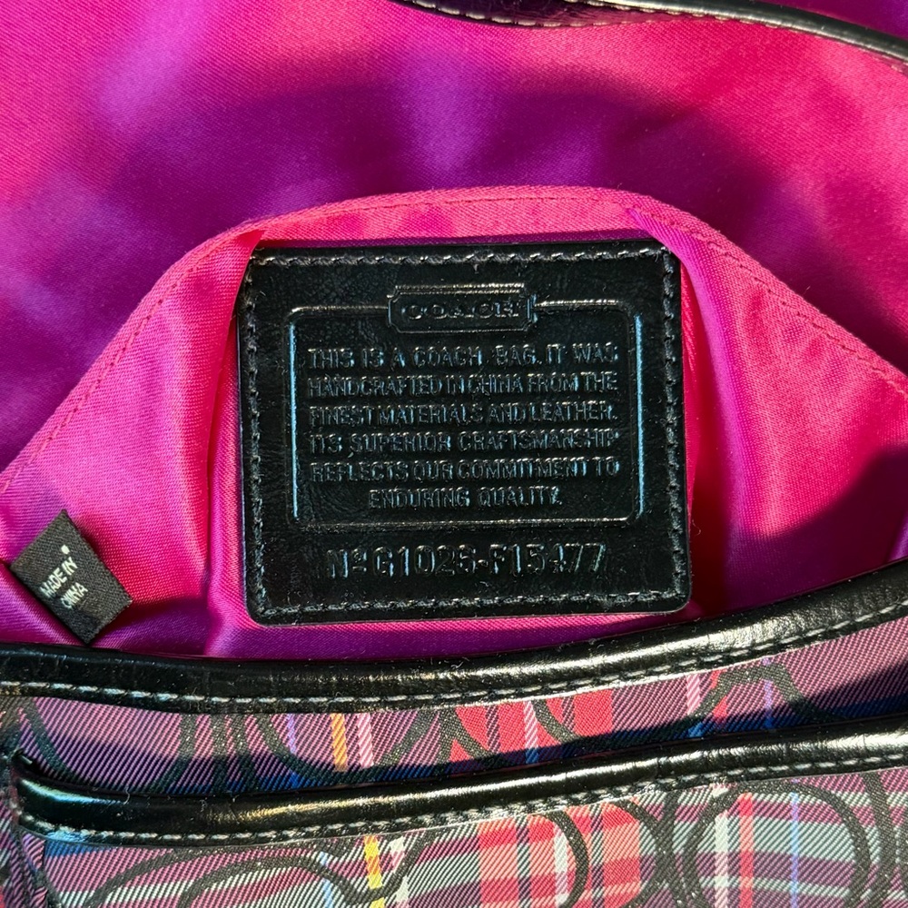Coach Plaid Signature Turnlock Shoulder Bag Pink Purple Black Small Purse - Picture 11 of 12